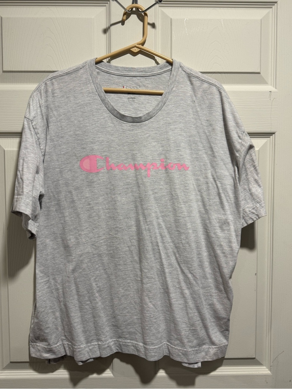 Champion Light Gray Tee with Pink Script Logo